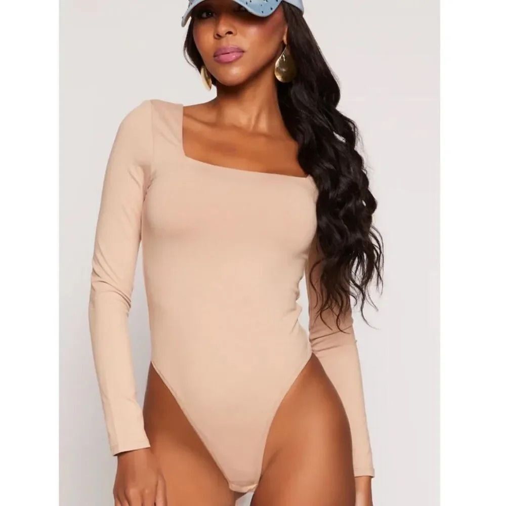 PEORIA | Dark Nude Peach Square Neck Long Sleeve Bodysuit Snap Closure | Size XL